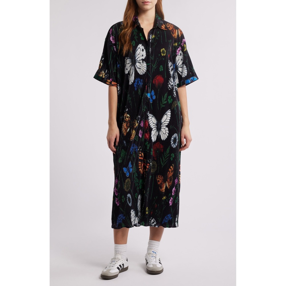 Dressed in Lala Butterfly Floral Pleated Midi Dress folklore plisse oversized